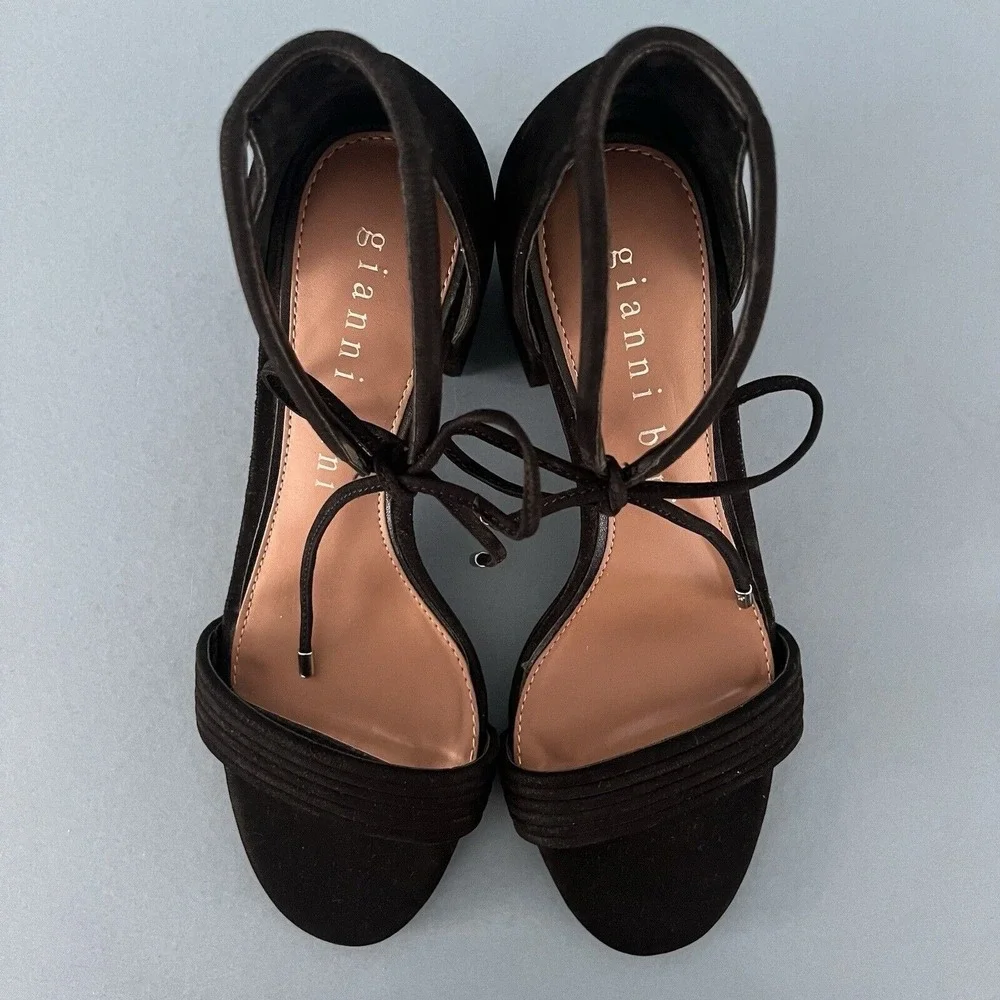 Gianni Bini Rhiaann Dress Sandals‎ Ankle Tie Black Suede Block Heels